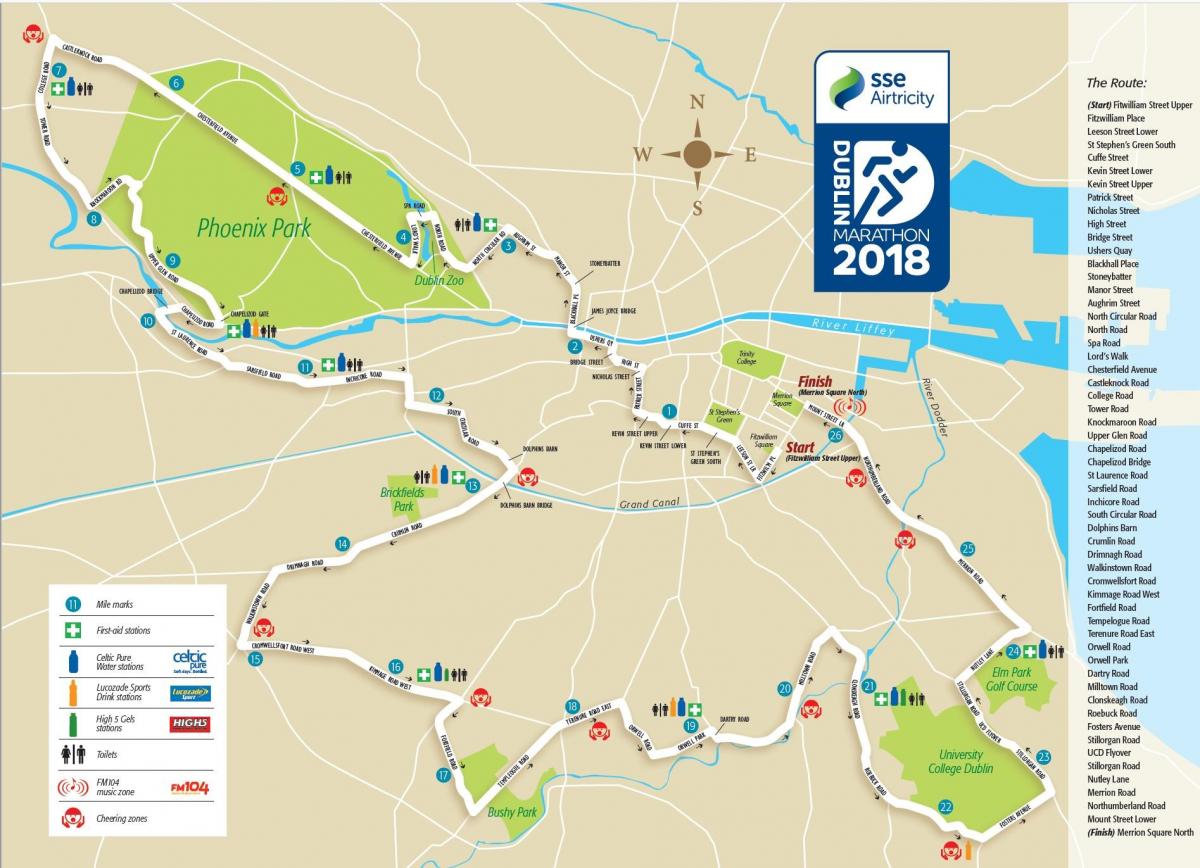 A cidade de Dublin maratona mapa de rotas